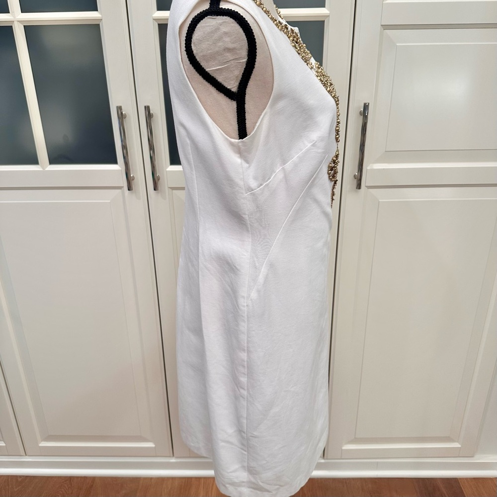 Ellen Tracy Ivory Gold Metal Beaded Sleeveless Sheath Pencil Dress - Picture 3 of 6